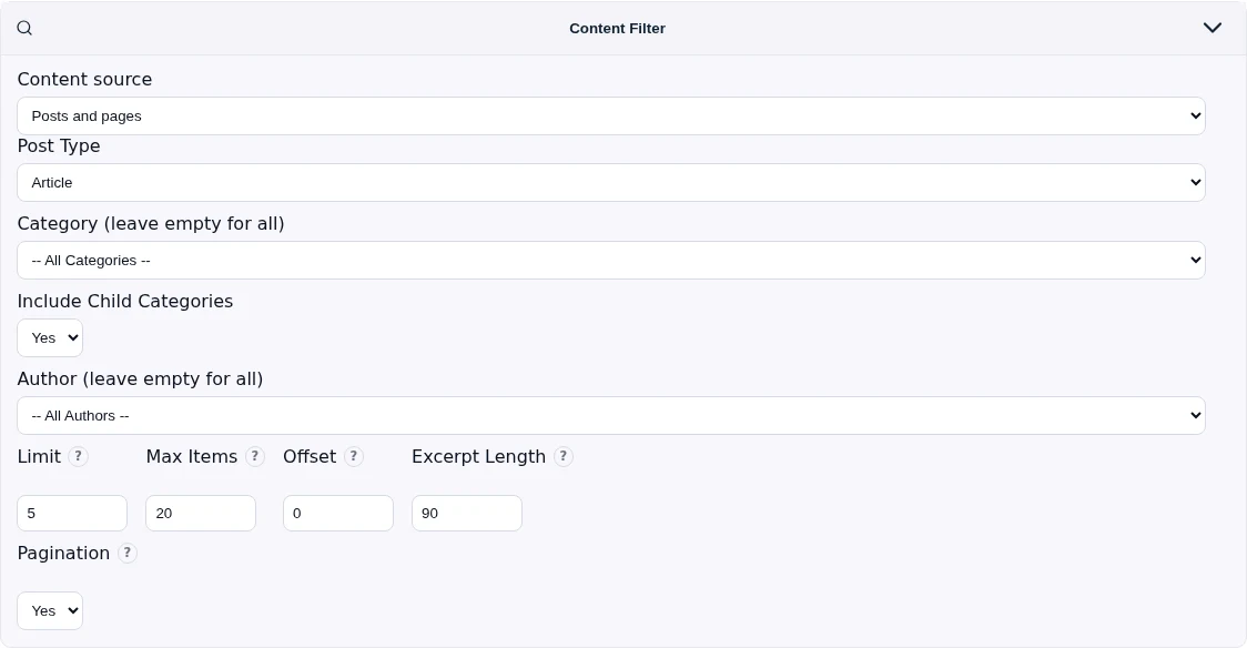 Jyavani Shortcode Preset content filter showing Limit, Max Items, Offset, and Pagination controls
