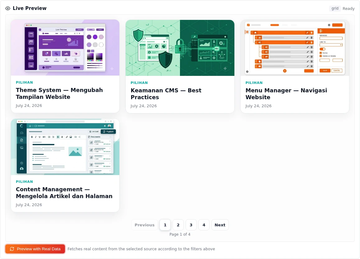 Jyavani live preview showing a random Card Grid with four cards and four pagination links
