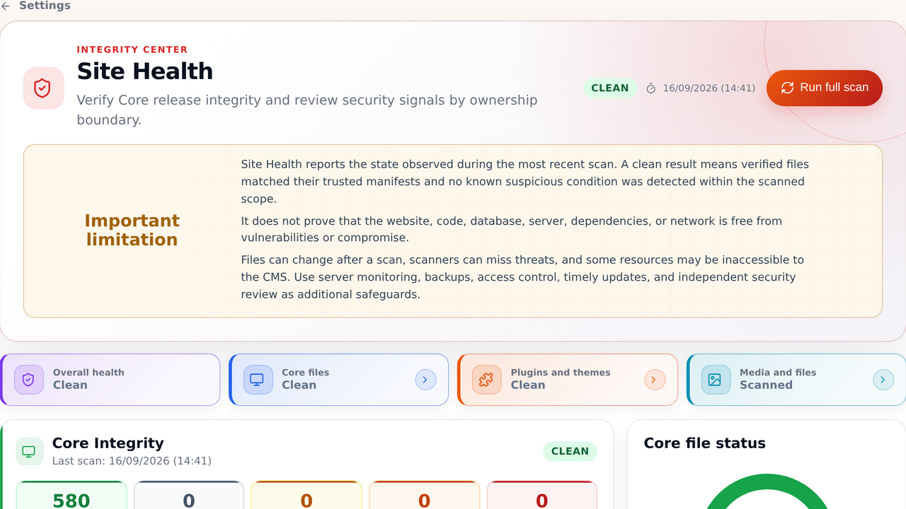 Jyavani Site Health overview showing Core, plugin and theme, and media and file statuses