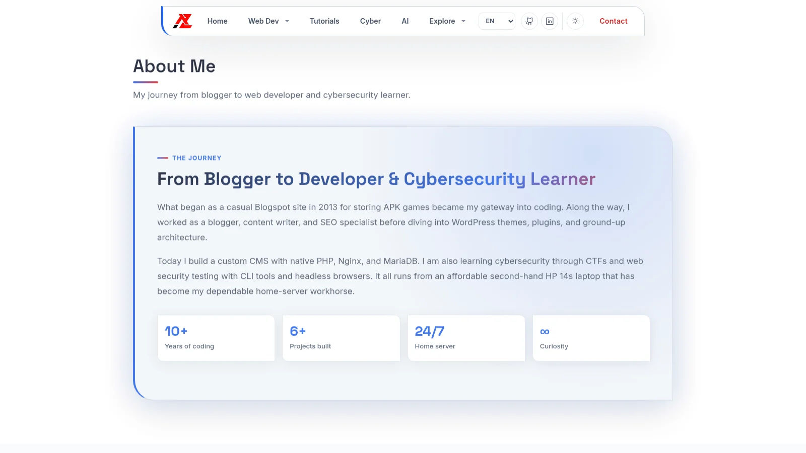 Portfolio homepage About section on desktop