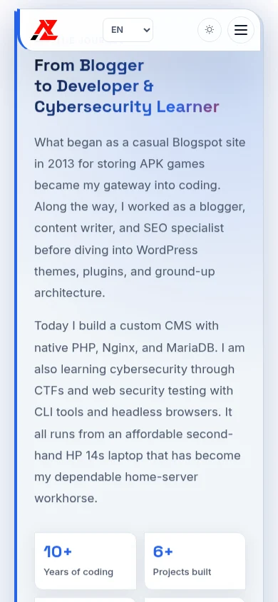 Portfolio homepage About section on mobile