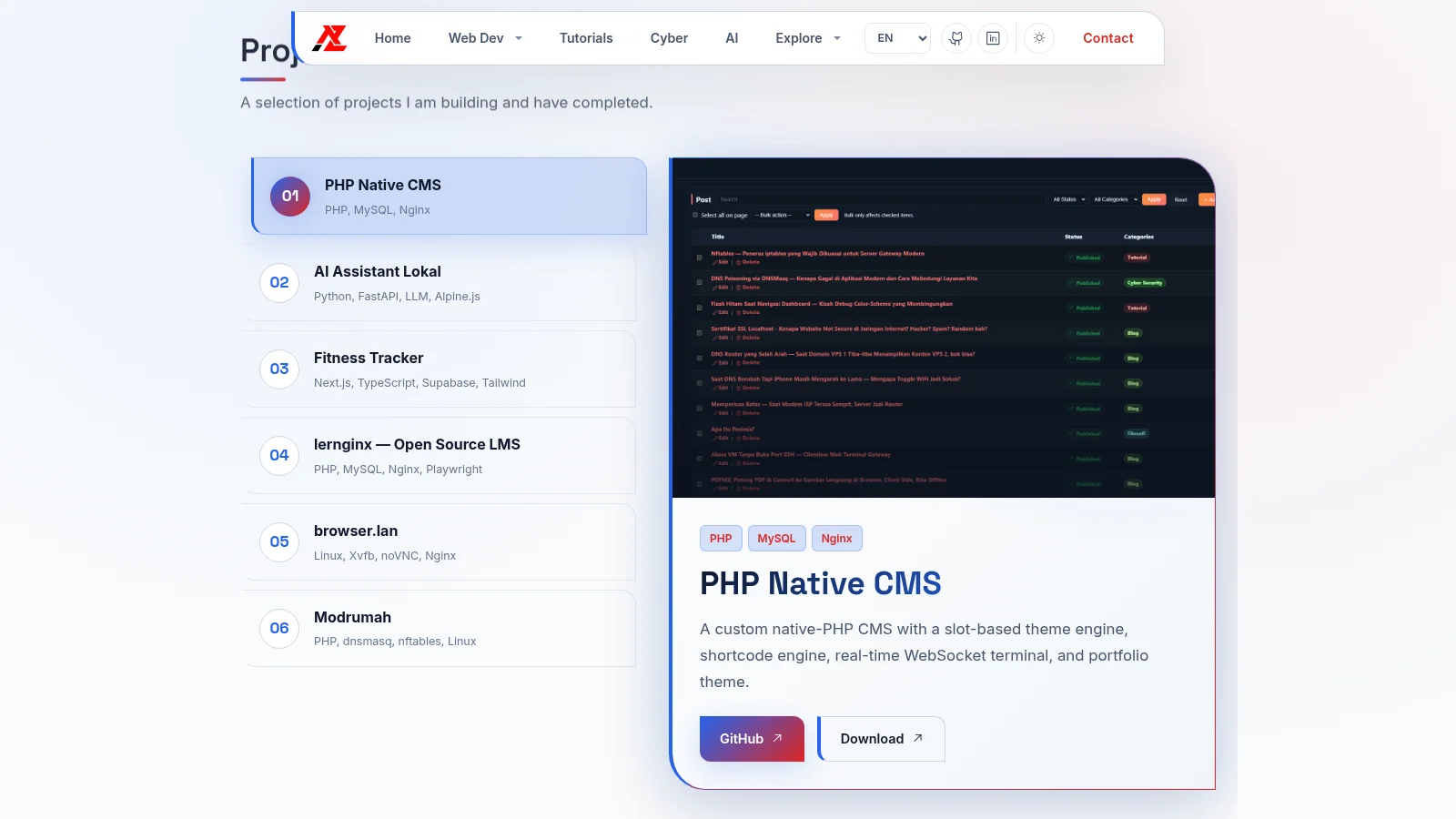 Portfolio homepage Projects section on desktop