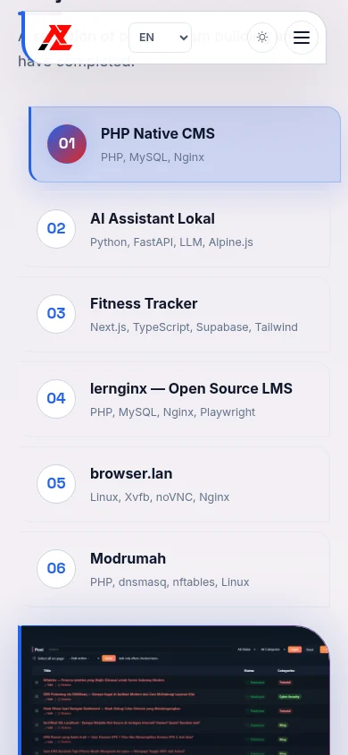 Portfolio homepage Projects section on mobile