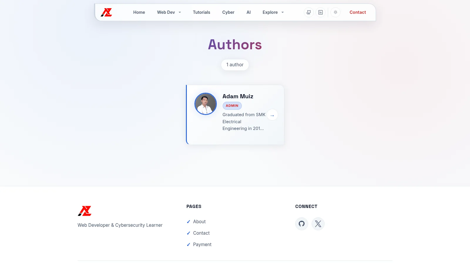 Portfolio author index on desktop