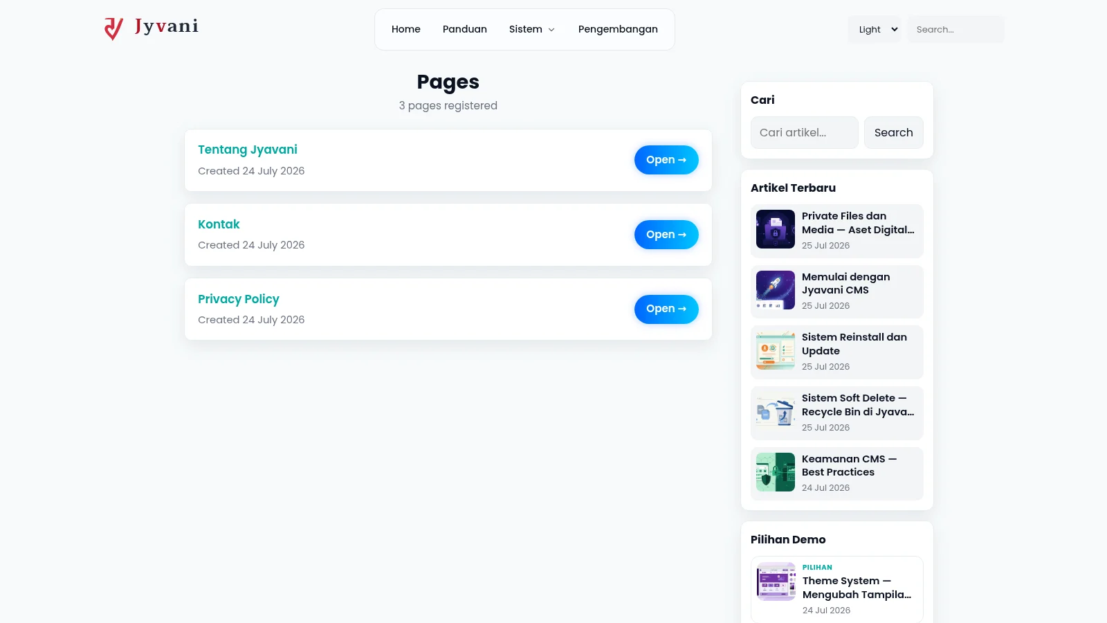 Default theme page list on desktop