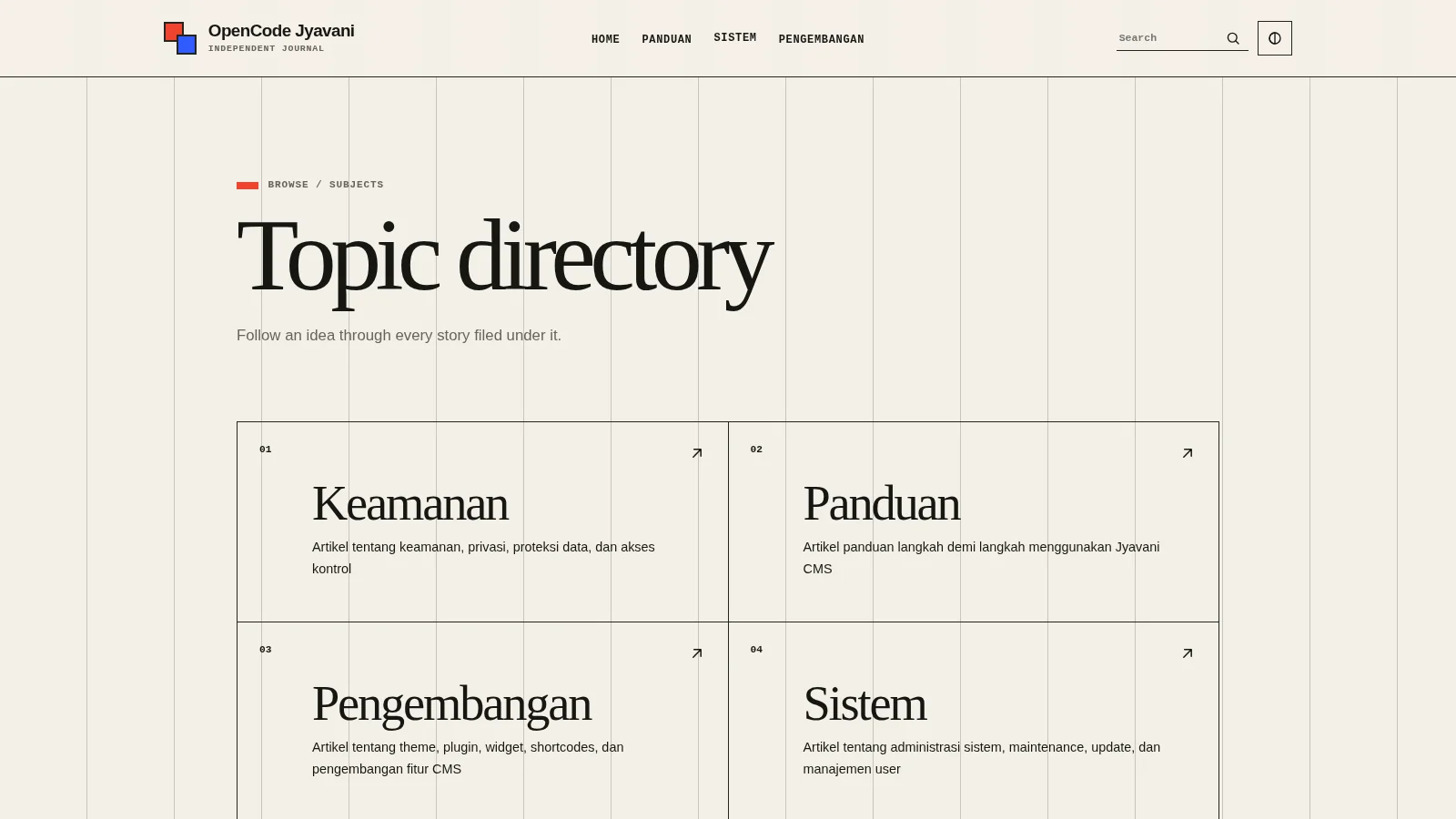 Adam theme category index on desktop